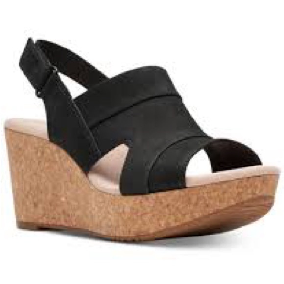 Clarks Shoes - Clarks Annadel Ivory Cork Wedge 3" Platform Heel Black Leather Sandals